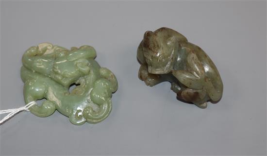 A Chinese celadon jade bixi plaque and a similar jade figure